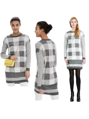 Banana republic Gray BUFFALO CHECK SWEATER DRESS Sz M long sleeve